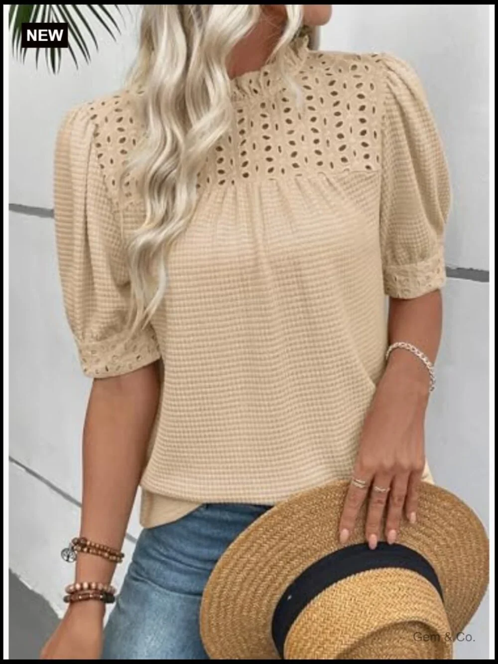 Waffle Knit Frill Trim Mock Neck Puff Sleeve Blouse Top - Picture 6 of 7